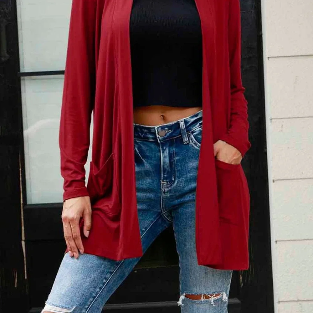 BASIC BAE 3X Deep Red Open Front Long Sleeve Cardigan Pockets NEW Plus - Picture 3 of 5